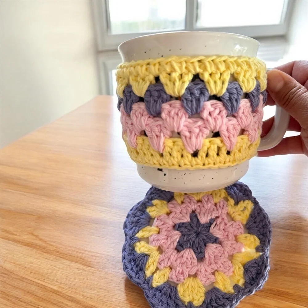 Handmade Pastel Granny Square Mug Cozy & Coaster Set